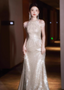 Luxurious Champagne Gold Halter Cold Shoulder Sequined Long Formal Prom Dress