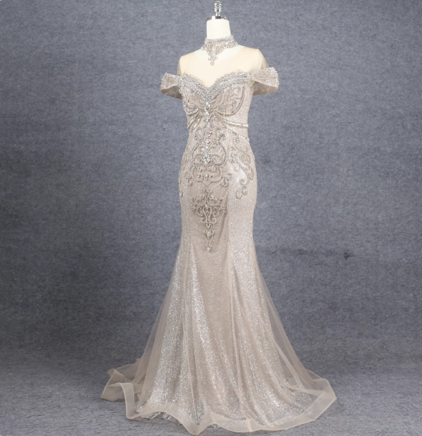 Luxurious Champagne Gold Mermaid Off-The-Shoulder Beaded Tulle Long Formal Prom Dress Secondary image