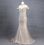 Luxurious Champagne Gold Mermaid Off-The-Shoulder Beaded Tulle Long Formal Prom Dress