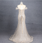 Luxurious Champagne Gold Mermaid Off-The-Shoulder Beaded Tulle Long Formal Prom Dress