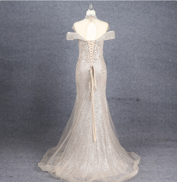 Luxurious Champagne Gold Mermaid Off-The-Shoulder Beaded Tulle Long Formal Prom Dress