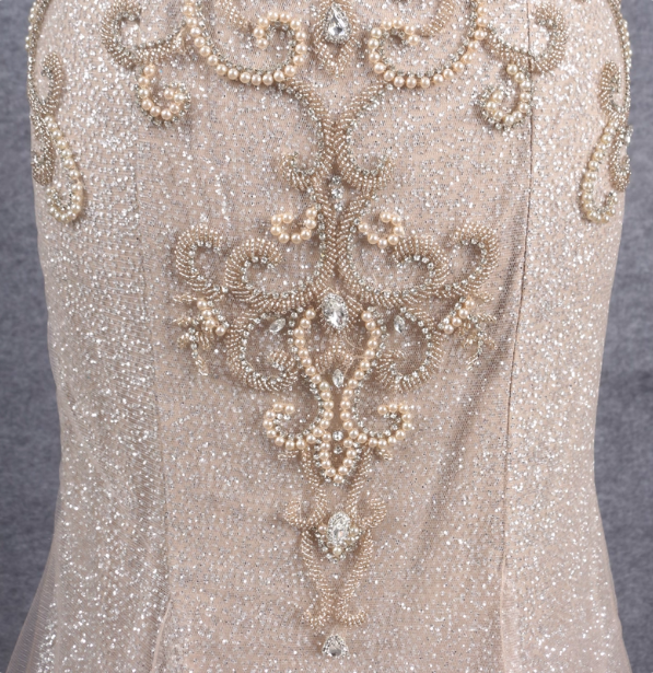 Luxurious Champagne Gold Mermaid Off-The-Shoulder Beaded Tulle Long Formal Prom Dress