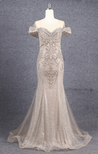 Luxurious Champagne Gold Mermaid Off-The-Shoulder Beaded Tulle Long Formal Prom Dress