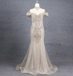 Luxurious Champagne Gold Mermaid Off-The-Shoulder Beaded Tulle Long Formal Prom Dress