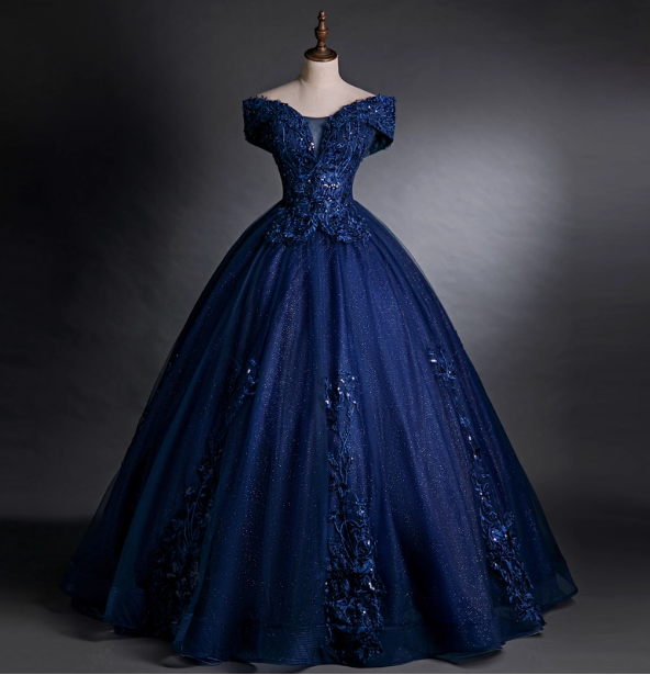 Luxurious Court Navy Blue One-Shoulder Embroidered Sequin Tulle Ball Gown Prom Dress Sweet 16 Dress Main image