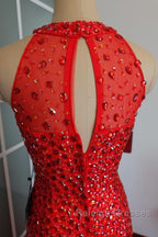 Luxurious Crystal Beaded Halter Mermaid Prom Dress Leg Split Prom Gowns