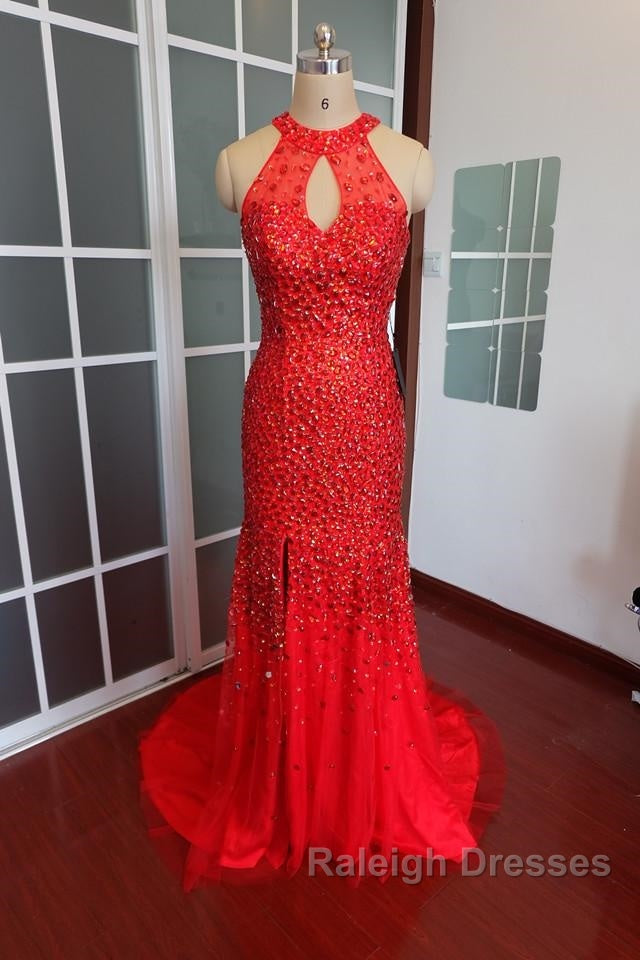 Luxurious Crystal Beaded Halter Mermaid Prom Dress Leg Split Prom Gowns