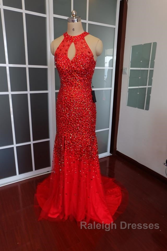 Luxurious Crystal Beaded Halter Mermaid Evening Dresses Leg Split Prom Gowns