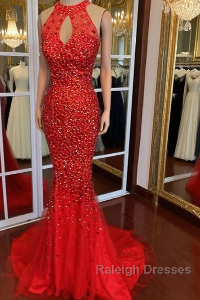 Luxurious Crystal Beaded Halter Mermaid Prom Dress Leg Split Prom Gowns
