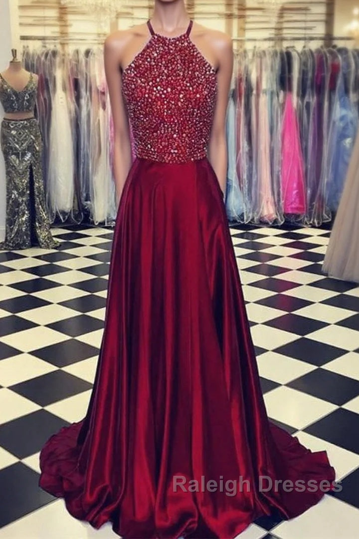 Luxurious Crystal Halter Prom Dresses Long Satin Leg Split Evening Gowns Main image