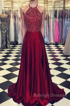 Luxurious Crystal Halter Prom Dresses Long Satin Leg Split Evening Gowns