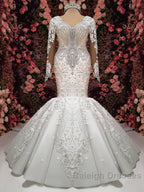 Luxurious Crystals Mermaid Bridal Gowns Long Sleevess Chapel Train Wedding Dresses