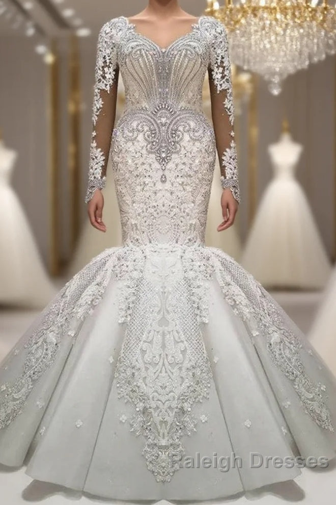 Luxurious Crystals Mermaid Bridal Gowns Long Sleevess Chapel Train Wedding Dress Main image