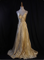 Luxurious Elegant Yellow A-Line V-Neck Spaghetti Strap Knot Ruched Satin Long Formal Prom Dress