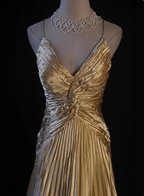Luxurious Elegant Yellow A-Line V-Neck Spaghetti Strap Knot Ruched Satin Long Formal Prom Dress