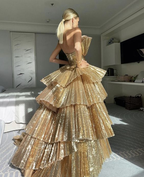 Luxurious Gold Strapless Pleated Irregular Neck Layered Prom Dresses Ball Gowns Quinceanera Prom Dresses