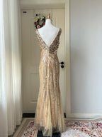 Luxurious Gold V-Neck Mermaid Sequined Long Formal Prom Dress