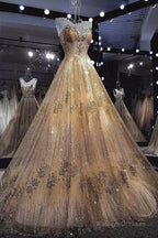 Luxurious Gold Wedding Dress Ball Gowns Sequin Beaded