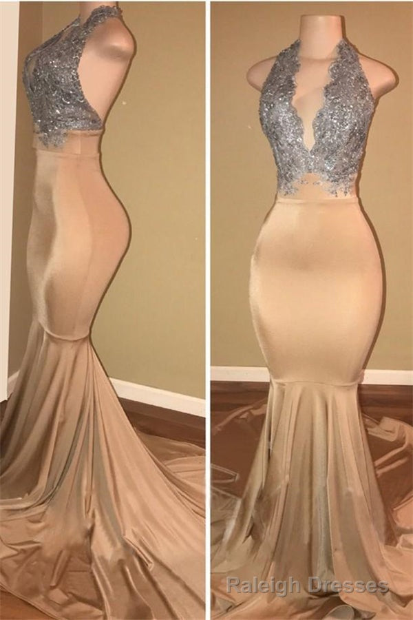 Luxurious Halter Sleeveless Lace Applique Mermaid Prom Dresses Main image
