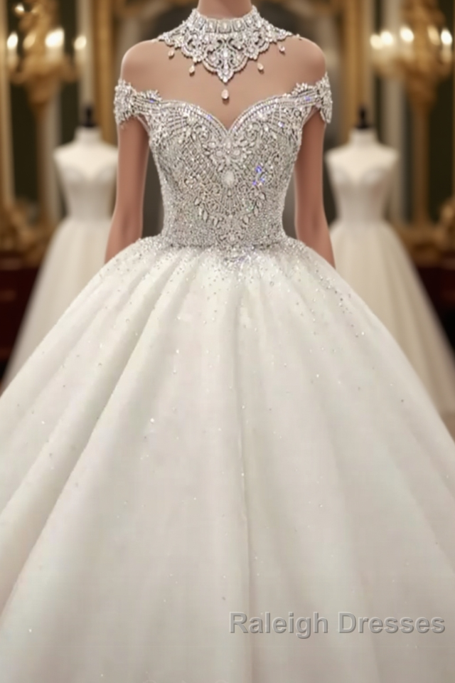 Luxurious High Neck Crystal Beading Ball Gown Wedding Dresses
