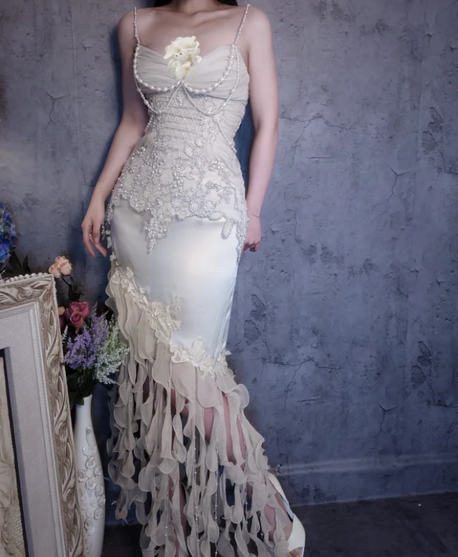 Luxurious Ivory Mermaid Thin Strap Pearl Ruffled Satin Long Formal Prom Dress