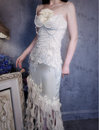 Luxurious Ivory Mermaid Thin Strap Pearl Ruffled Satin Long Formal Prom Dress