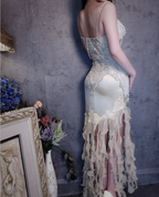 Luxurious Ivory Mermaid Thin Strap Pearl Ruffled Satin Long Formal Prom Dress