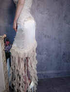 Luxurious Ivory Mermaid Thin Strap Pearl Ruffled Satin Long Formal Prom Dress