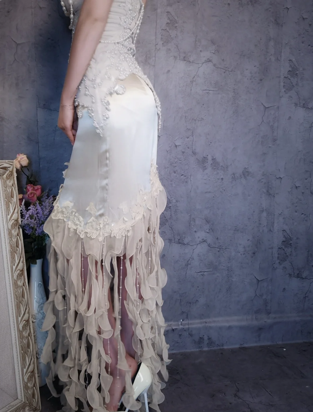 Luxurious Ivory Mermaid Thin Strap Pearl Ruffled Satin Long Formal Prom Dress