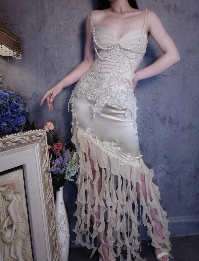 Luxurious Ivory Mermaid Thin Strap Pearl Ruffled Satin Long Formal Prom Dress