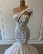 Luxurious Lace Beaded Wedding Dress One Shoulder Mermaid Bridal Gown Crystal Beads Sequin Sweep Train