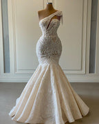 Luxurious Lace Beaded Wedding Dress One Shoulder Mermaid Bridal Gown Crystal Beads Sequin Sweep Train