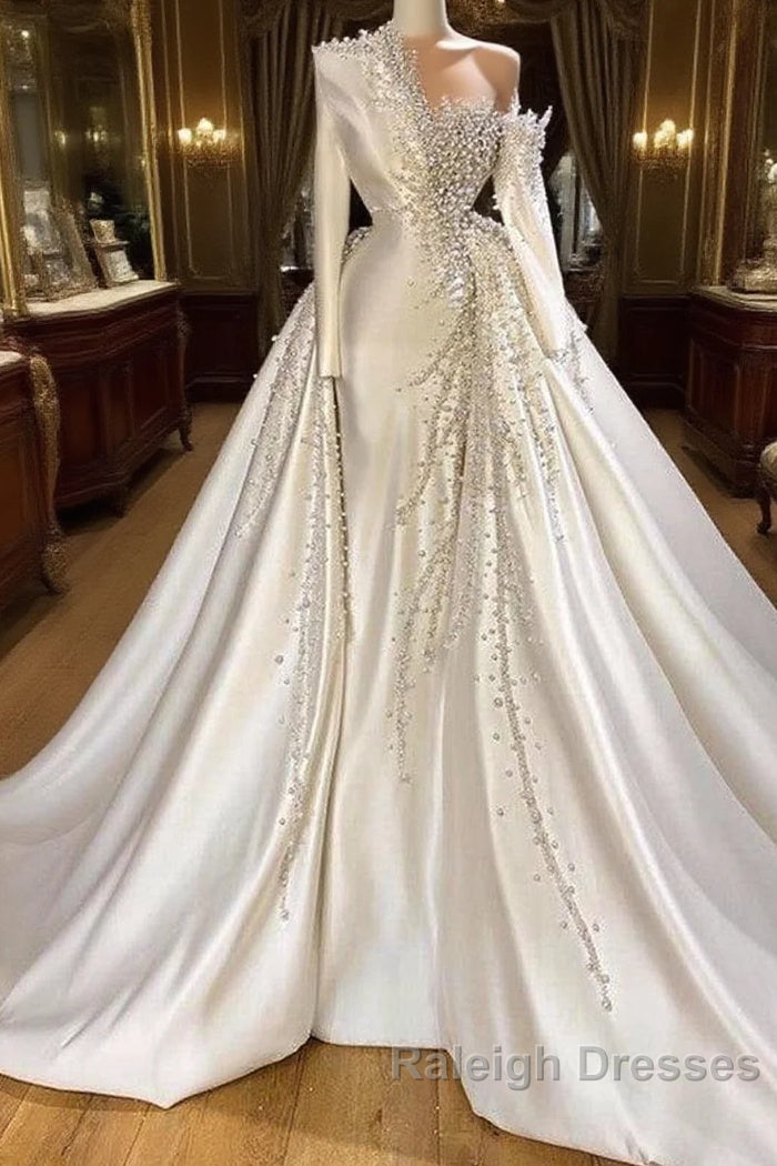 Luxurious Long Sleeve Pearls Overskirt Wedding Dress Online Main image