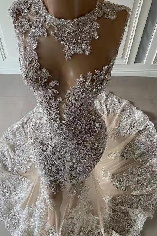 Luxurious Mermaid Lace Appliques Wedding Dress Sheer Skirt Secondary image