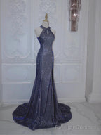 Luxurious Navy Blue Long Prom Gowns Mermaid Halter Neck Backless Prom Dress