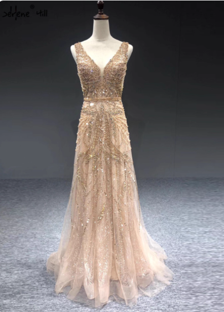 Luxurious Nude Pink A-Line V-Neck Beaded Embroidered Tulle Long Formal Prom Dress Main image