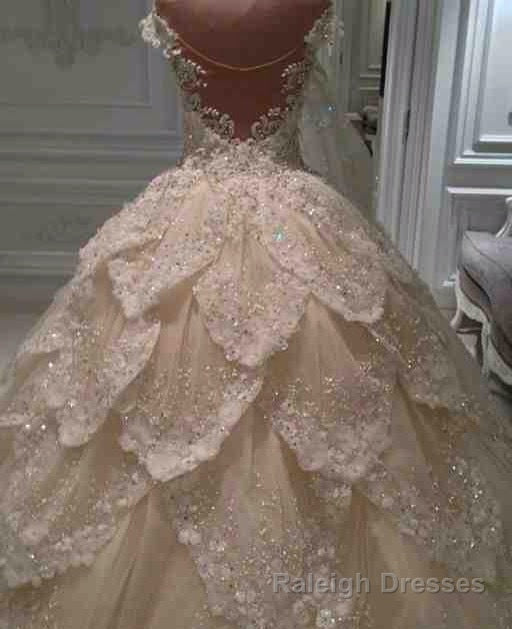 Luxurious Off the Shoulder Beading Wedding Dress Crystal Tiered Chapel Train Bridal Gown