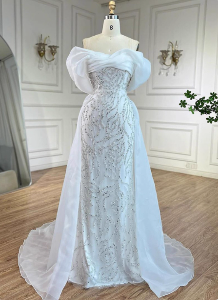 Luxurious Palace White Mermaid Off-The-Shoulder Beaded Tulle Train Formal Prom Dress