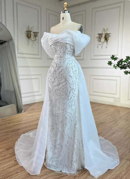 Luxurious Palace White Mermaid Off-The-Shoulder Beaded Tulle Train Formal Prom Dress