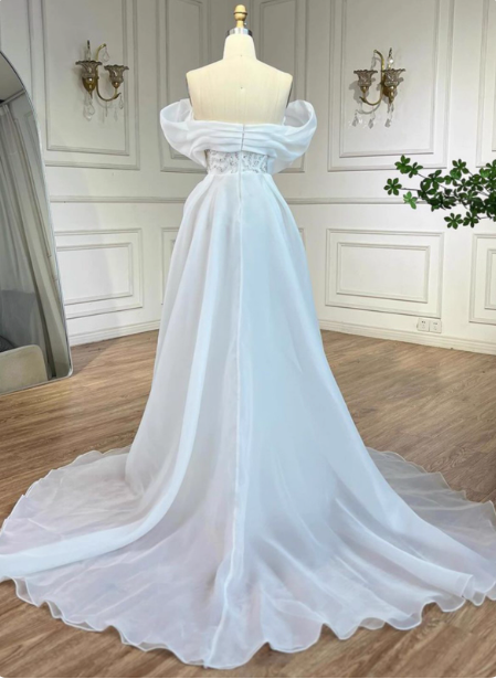 Luxurious Palace White Mermaid Off-The-Shoulder Beaded Tulle Train Formal Prom Dress