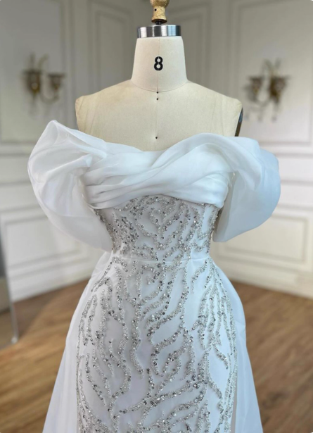 Luxurious Palace White Mermaid Off-The-Shoulder Beaded Tulle Train Formal Prom Dress