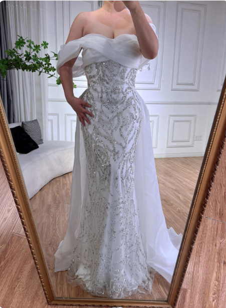 Luxurious Palace White Mermaid Off-The-Shoulder Beaded Tulle Train Formal Prom Dress