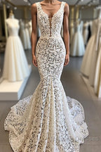Luxurious Plunging V neck Mermaid Lace Wedding Dresses Romantic Bridal Gowns for Garden Wedding