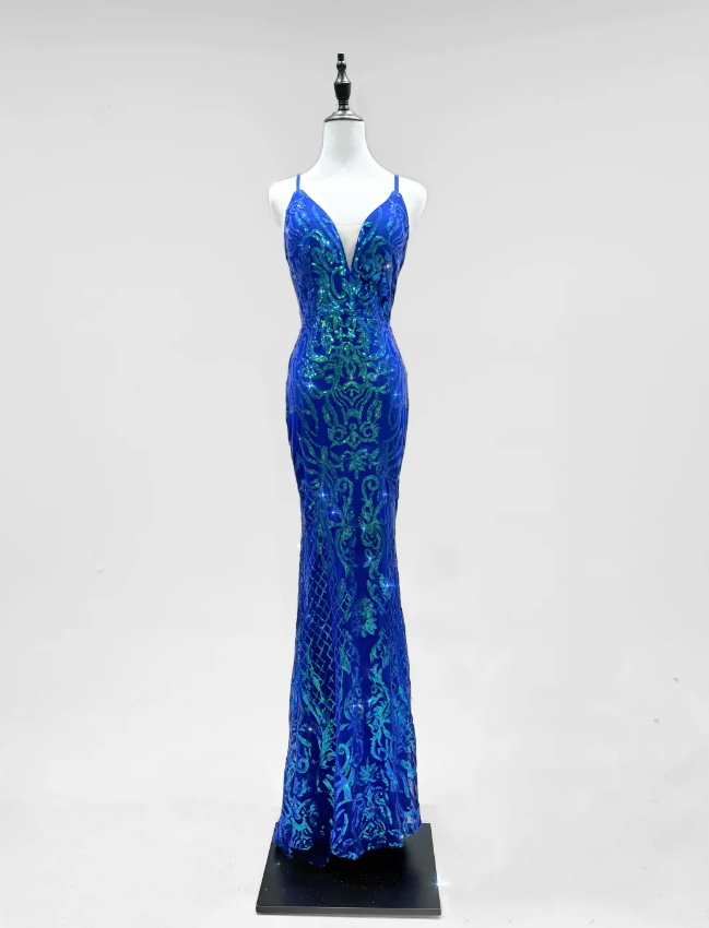 Luxurious Royal Blue Mermaid V-Neck Sequined Long Formal Prom Dress Main image