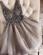 Luxurious Sequins Beaded V Neck Tulle Homecoming Dresses Short Prom Dress