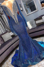 Luxurious Sequins Long Sleevess Mermaid Sheer Neckline Prom Dresses