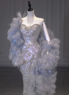 Luxurious Shiny Silver Mermaid Sweetheart Neck Sequin Long Formal Prom Dress