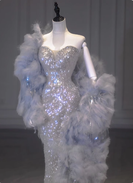 Luxurious Shiny Silver Mermaid Sweetheart Neck Sequin Long Formal Prom Dress