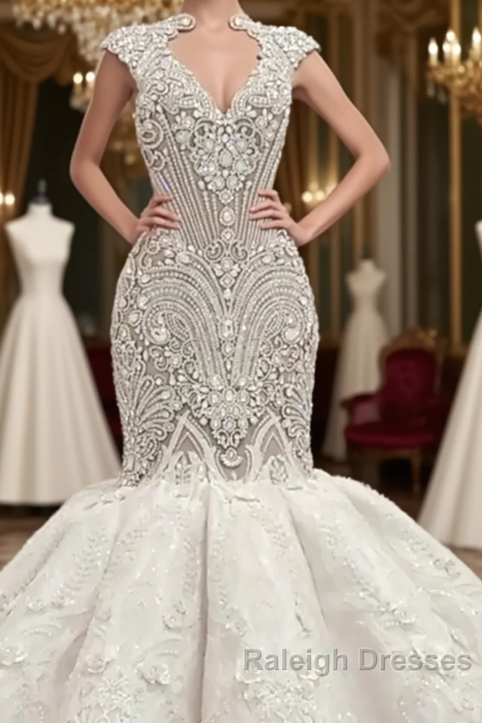 Luxurious Sleeveless Appliques Rhinestones Mermaid Wedding Bridal Gowns