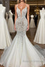 Luxurious Spaghetti Strap Plugging V neck White Sleeveless Mermaid Hollow Wedding Dress